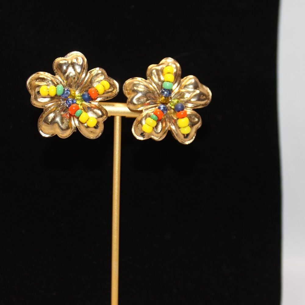 Golden Floral Clip-on Earrings with Primary Color Bead Centers - Picture 2 of 7